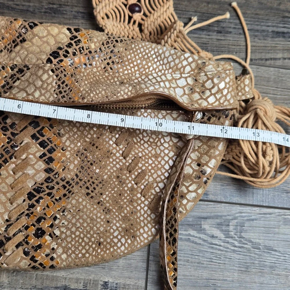 Free People Suede Snakeskin Macrame Sling Fringe Bag Tan Crossbody Purse Leather